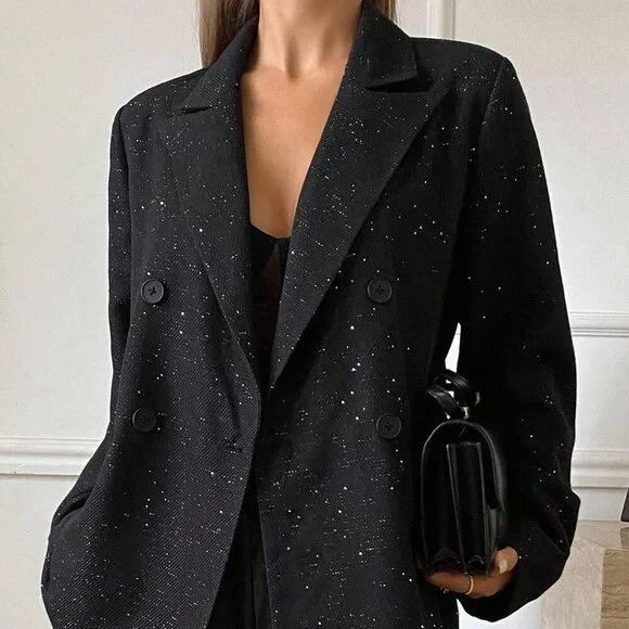 Black Elegant Women's Casual Sequin Blazer Jacket - Picture 6 of 7